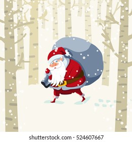 Santa Claus with big sack walking through winter forest. Christmas or New Year holiday illustration. Vector digital art. Great choice for gift or greeting cards, poster or banner.