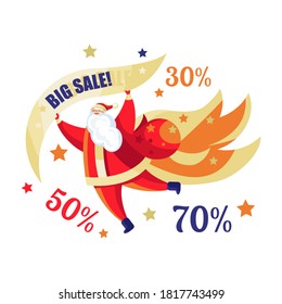 Santa Claus, big sale, discounts. Vector illustration. Flat style. Isolated on white.