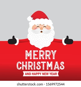 Santa Claus with big signboard, Cute Christmas Character and Merry Christmas and Happy new year letter design, vector illustration