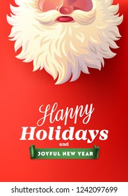 Santa Claus with big signboard. Happy Holidays and Joyful New Year vector text for Holiday invitations and Greeting cards.