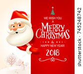 Santa Claus with big signboard. Merry Christmas and Happy New Year! Holiday greeting card. Isolated vector illustration.