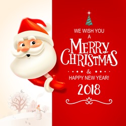 Santa Claus With Big Signboard. Merry Christmas And Happy New Year! Holiday Greeting Card. Isolated Vector Illustration.