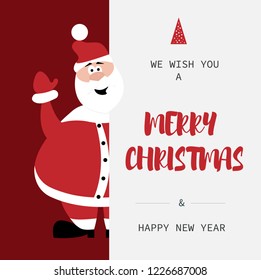 Santa Claus with big signboard. Merry Christmas and Happy New Year! Holiday greeting card. Isolated vector illustration. Merry Christmas calligraphy