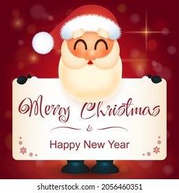 Santa Claus with big signboard. Merry Christmas calligraphy lettering design. Creative typography for holiday greeting.Vector