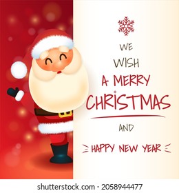 Santa Claus with big signboard. Merry Christmas calligraphy lettering design. Creative typography for holiday greeting.Vector