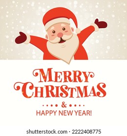 Santa Claus with big signboard. Merry Christmas and Happy New Year! Holiday greeting card. Isolated vector illustration. Christmas Background.