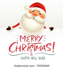 Santa Claus with big signboard. Merry Christmas calligraphy lettering design. Creative typography for holiday greeting.