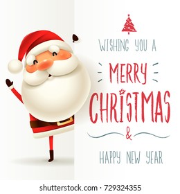 Santa Claus with big signboard. Merry Christmas calligraphy lettering design. Creative typography for holiday greeting.