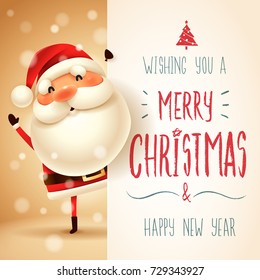 Santa Claus with big signboard. Merry Christmas calligraphy lettering design. Creative typography for holiday greeting.