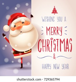 Santa Claus with big signboard. Merry Christmas calligraphy lettering design. Creative typography for holiday greeting.