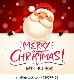 Santa Claus with big signboard. Merry Christmas calligraphy lettering design. Creative typography for holiday greeting.