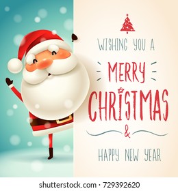 Santa Claus with big signboard. Merry Christmas calligraphy lettering design. Creative typography for holiday greeting.