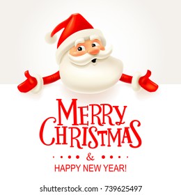 Santa Claus with big signboard. Merry Christmas and Happy New Year! Holiday greeting card. Isolated vector illustration.