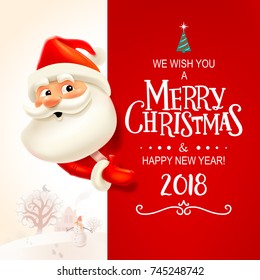Santa Claus with big signboard. Merry Christmas and Happy New Year! Holiday greeting card. Isolated vector illustration.