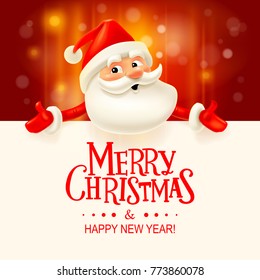 Santa Claus with big signboard. Merry Christmas and Happy New Year! Holiday greeting card. Isolated vector illustration.