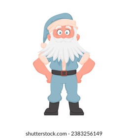 Santa Claus with a big white beard in a blue New Year's suit. Cartoon style