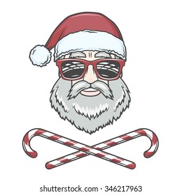 Santa Claus biker with candy cones and hipster glasses print design. Vintage disco man Christmas logo insignia. Rock and roll new year t-shirt illustration.