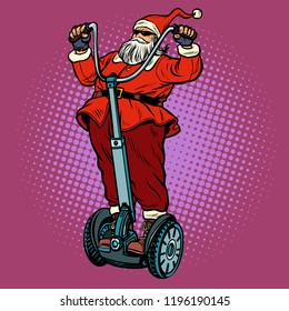 Santa Claus biker with Christmas gifts rides an electric scooter. Pop art retro vector illustration vintage kitsch