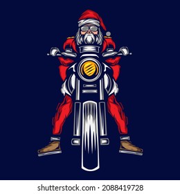 Santa claus biker logo line pop art potrait colorful design with dark background. Abstract vector illustration.