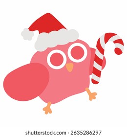Santa Claus bird holding giant candy cane with alternating red and white stripes. Cartoon animal mascot wearing costume for the winter holidays. Stickers, icons, graphics. Vector illustration, EPS 10.