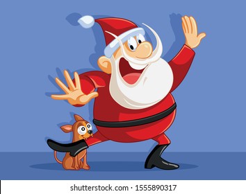 Santa Claus Bitten by Little Chihuahua Dog Funny Cartoon. Funny Santa scared by small puppy watching house on holidays 
