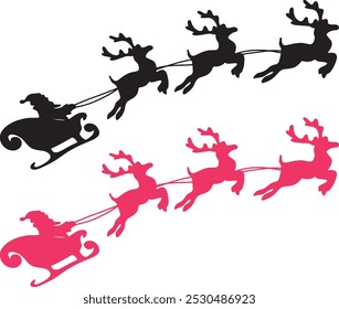 Santa Claus Black silhouette. Santa Claus flying in sledge with reindeer night sky silhouette. Christmas silhouette. Christmas 