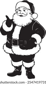 Diseño de ilustración en blanco y negro de Santa Claus sobre un fondo blanco. Retro Antiguas Navidades Santa Claus, Arte vectorial, Ilustración, contorno negro, silueta.  Santa Claus moderno de mediados del siglo de 1950