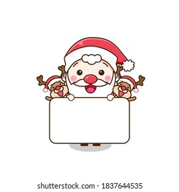 Santa claus with blank board. Vector illustration of chibi character isolated on white background.