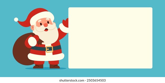 Santa Claus with blank signboard. set against a light blue background, perfect for holiday and Christmas-themed designs. Vector new year, sale banner