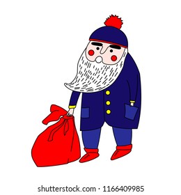 Santa Claus in blue clothes with a red bag. On white background. Isolated. Merry Christmas. New Year. Sticker.