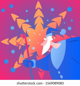 Santa Claus in a blue hat, fur coat and mittens with a white beard holds in his hand a red staff with bells on a background of a large orange snowflake and red sky
