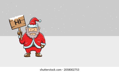 Santa Claus with a board in his hand in a snow background. December Christmas CelebrationVector Illustration for Poster Banner Greeting Card Artwork. Merry Christmas