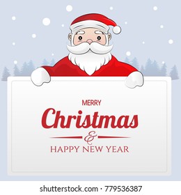 Santa Claus with board. Merry Christmas holiday greeting card design.  