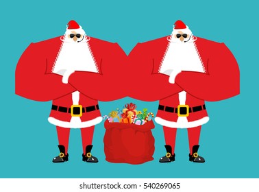 Santa Claus bodyguards. Christmas security guards. Protecting red bag for new year. Defenders of sack gifts for children 