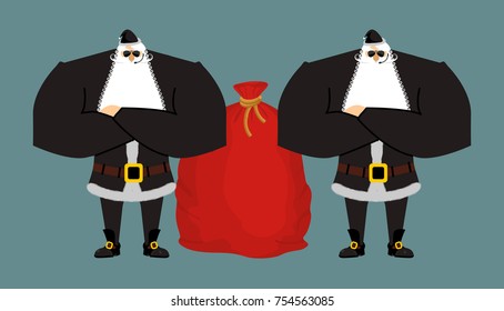 Santa Claus bodyguards. Christmas security guards. Protecting red bag for new year. Defenders of sack gifts for children 