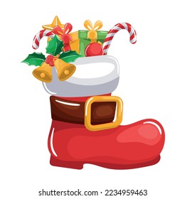 Santa claus boot, with Christmas decorations, bells, holly leaves, gifts, candy cane for merry christmas card