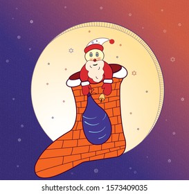 Santa Claus in a boot with gift bag. The boot symbolizes the chimney.  He carries purple bag and yellow bell.