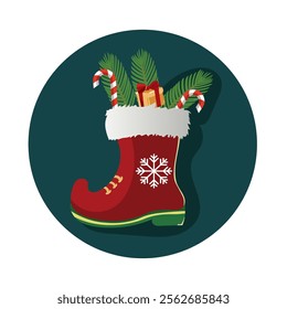 Santa Claus Boot of Gift with Candy Cane, Fir Leaves Element for Merry Christmas Concept.