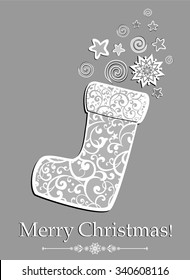 Santa Claus boot. Vintage grey Christmas Card.  Illustration 