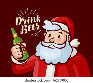 Santa Claus with bottle of beer in hand. Christmas, xmas party concept. Cartoon vector illustration