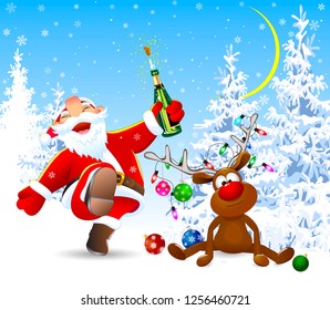 Santa Claus with a bottle in his hand. A deer decorated with Christmas balls, a garland of lights and a bow. Winter forest.