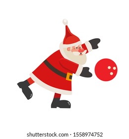 Santa Claus bowling vector icon isolated on white. Cartoon cute Father Christmas full length portrait.  