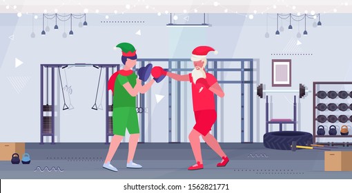 santa claus boxer practicing boxing exercises with elf helper workout healthy lifestyle christmas holidays celebration concept modern gym interior full length horizontal vector illustration