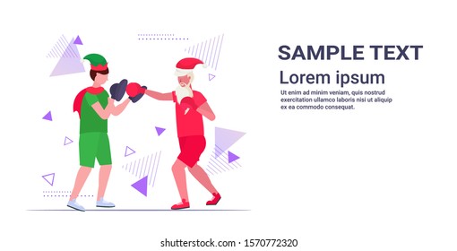 santa claus boxer practicing boxing exercises with elf helper workout healthy lifestyle christmas holidays celebration concept full length horizontal copy space vector illustration