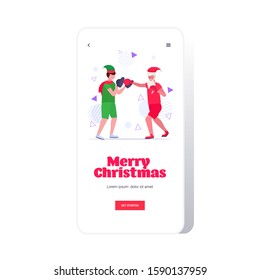 santa claus boxer practicing boxing exercises with elf helper workout healthy lifestyle christmas holidays celebration concept smartphone screen online mobile app full length vector illustration