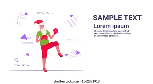 santa claus boxer practicing thai boxing exercises workout healthy lifestyle christmas holidays celebration concept full length horizontal copy space vector illustration