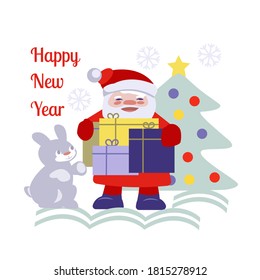 Santa Claus with boxes of gifts, hare, Christmas tree. Inscription Happy New Year! Vector illustration Isolated on white.