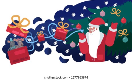 Santa Claus with boxes of gifts on Christmas. Mice peep out from the last box - children's toys, a symbol of the New Year.