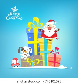 Santa Claus with boxes of gifts. Vector, illustration, flat. 