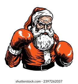 Papá Noel en guantes de boxeo. Grabado, retro, estilo de línea. Una Santa mala, enfadada, agresiva. Navidad